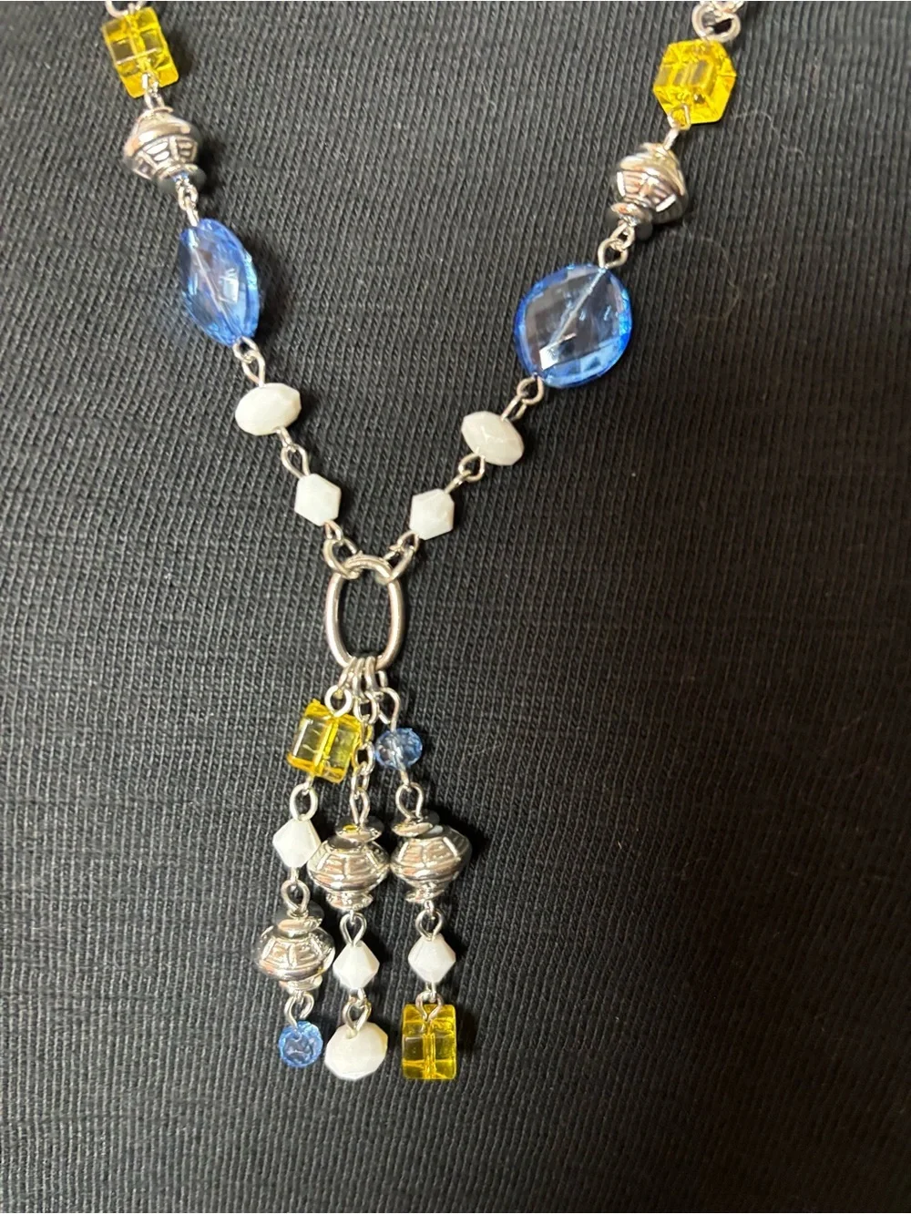 Silver-Tone Blue and Yellow Beaded Tassel Necklace Excellent Condition